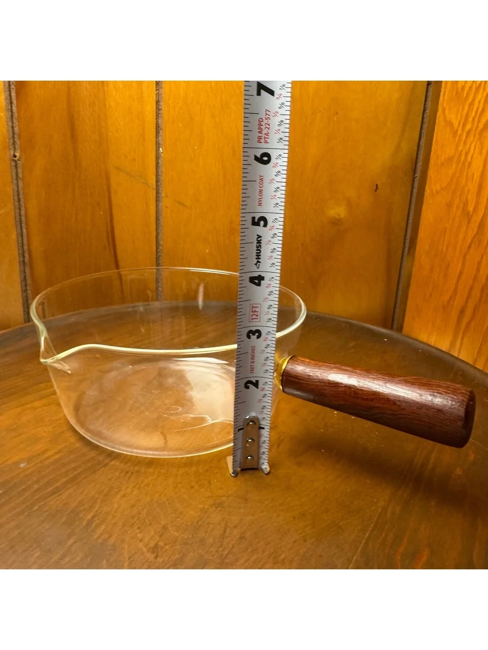 Clear Glass Saucepan With Wood Handle 6 Inch Pour Spout Vintage Style